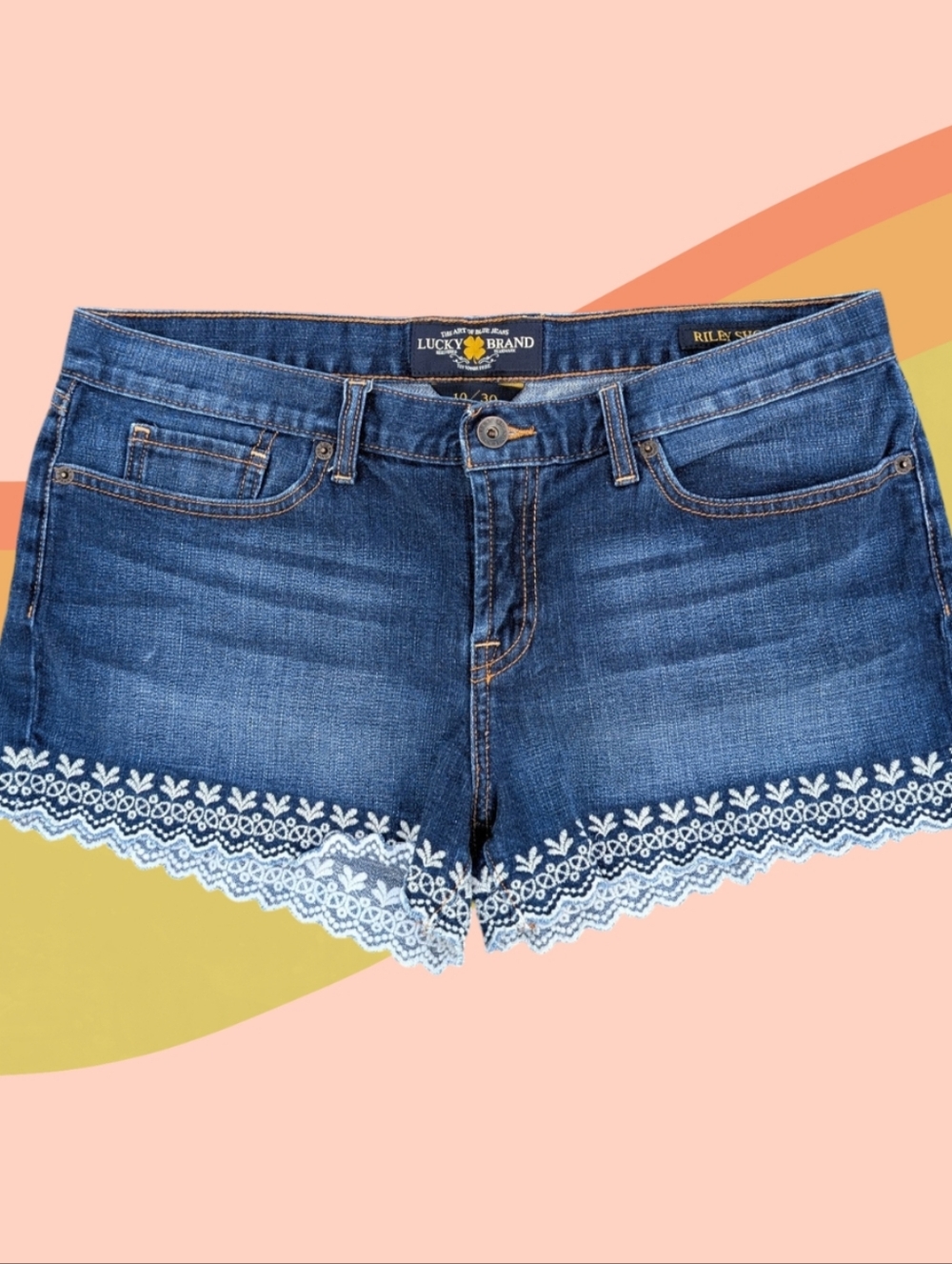 Lucky Brand Embroidered Mid Rise Boyfriend Riley Denim Shorts - mid wash - 10